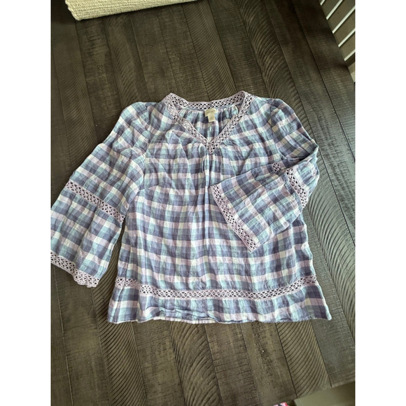 Chico’s 100% Linen Gingham Peasant Top Size 1 (M/L) - Picture 2 of 7